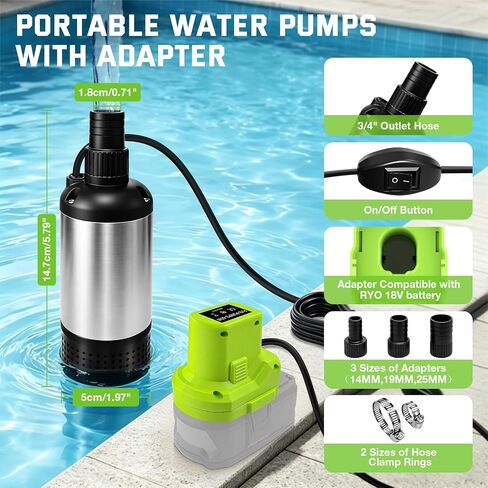 Cordless Submersible Water Pump Compatible with Ryobi 18V Battery, 1000GPH Brushless High Flow Sump Pump with 14.8ft Cable, Portable Water Pump for Swimming Pool Draining (No Battery) in Kuwait