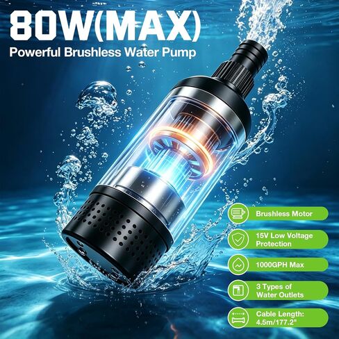 Cordless Submersible Water Pump Compatible with Ryobi 18V Battery, 1000GPH Brushless High Flow Sump Pump with 14.8ft Cable, Portable Water Pump for Swimming Pool Draining (No Battery) in Kuwait