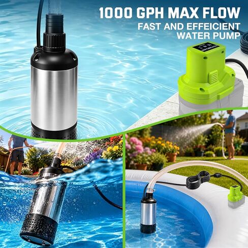 Cordless Submersible Water Pump Compatible with Ryobi 18V Battery, 1000GPH Brushless High Flow Sump Pump with 14.8ft Cable, Portable Water Pump for Swimming Pool Draining (No Battery) in Kuwait
