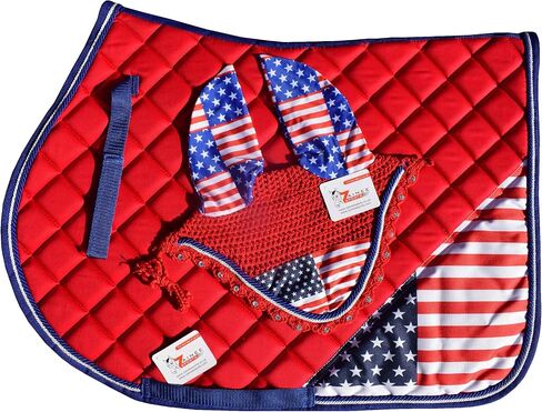 USA Flag Saddle Pad Set with Matching Ear Bonnet – Print Horse Riding Gear – Non-Slip/Breathable – Western/English Show in Kuwait