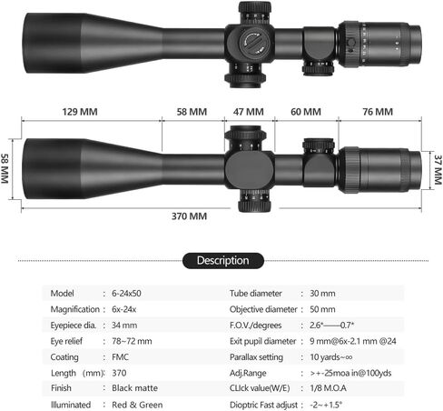 SPINA OPTICS 6-24x50 SFP Second Focal Plane Scopes with Mil-dot Reticle and 20mm Ring Mounts,Waterproof, Fogproof Black Hunting Scope, 30mm Tube in Kuwait