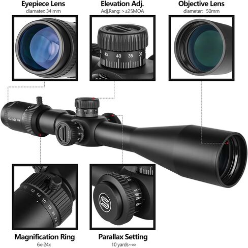 SPINA OPTICS 6-24x50 SFP Second Focal Plane Scopes with Mil-dot Reticle and 20mm Ring Mounts,Waterproof, Fogproof Black Hunting Scope, 30mm Tube in Kuwait