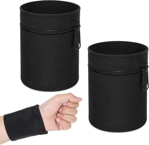 2 Pcs Wrist Wallet for Men Women Armband Wrist Pouch Light Wristband Wallet with Zipper for Storage Key Card Cash Sports Absorb Sweat Wristbands for Running Hiking Tennis Workout,Black in Kuwait
