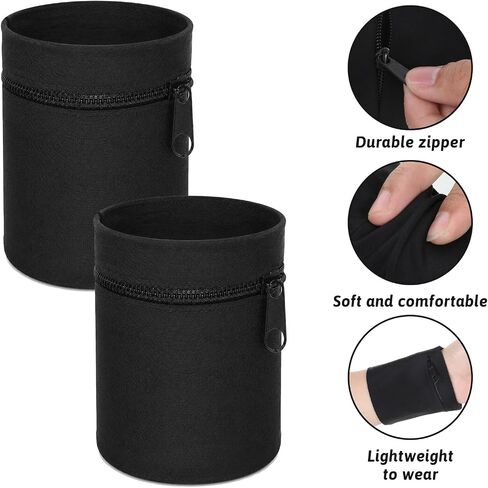 2 Pcs Wrist Wallet for Men Women Armband Wrist Pouch Light Wristband Wallet with Zipper for Storage Key Card Cash Sports Absorb Sweat Wristbands for Running Hiking Tennis Workout,Black in Kuwait