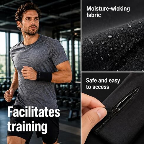2 Pcs Wrist Wallet for Men Women Armband Wrist Pouch Light Wristband Wallet with Zipper for Storage Key Card Cash Sports Absorb Sweat Wristbands for Running Hiking Tennis Workout,Black in Kuwait