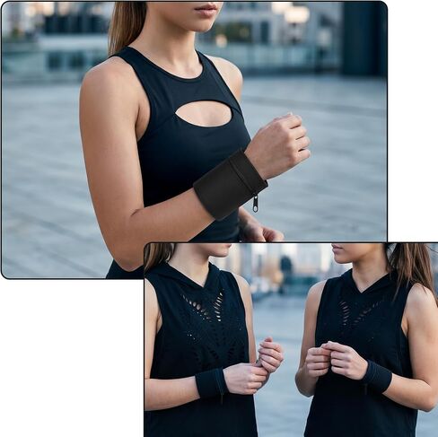 2 Pcs Wrist Wallet for Men Women Armband Wrist Pouch Light Wristband Wallet with Zipper for Storage Key Card Cash Sports Absorb Sweat Wristbands for Running Hiking Tennis Workout,Black in Kuwait