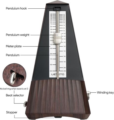 Ueteto Mechanical Metronome, Wood Grain | For Piano/Guitar/Drum/Violin, Bell Ring, For Beginners/Musicians, Loud Sound, 40-208BPM in Kuwait