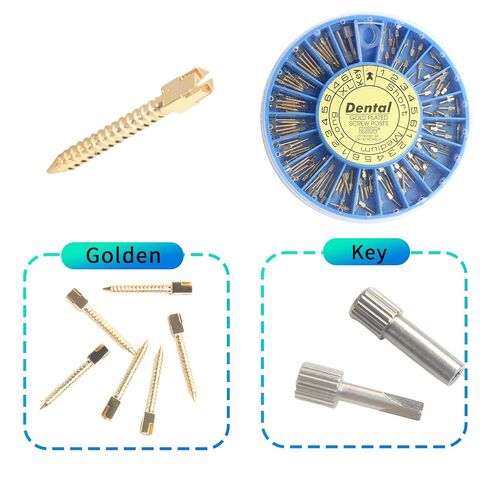 Dental Screw Posts Complete Kit Gold Plated 120 Posts + 1 Hollow & 1 Cross Key Dentist Supplies in Kuwait