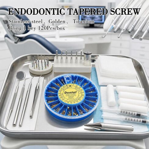 Dental Screw Posts Complete Kit Gold Plated 120 Posts + 1 Hollow & 1 Cross Key Dentist Supplies in Kuwait