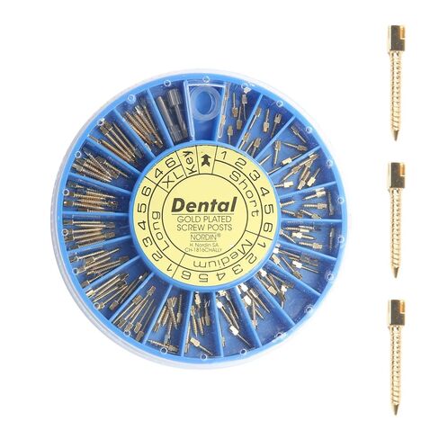Dental Screw Posts Complete Kit Gold Plated 120 Posts + 1 Hollow & 1 Cross Key Dentist Supplies in Kuwait