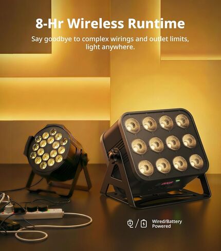 KeoBin 12x16W Rechargeable Par Lights, 8-Hr Battery Powered Uplights with DMX512/APP/Remote Control, RGBWA+UV Stage Lighting for DJ Shows, Party, Events in Kuwait