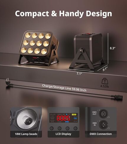 KeoBin 12x16W Rechargeable Par Lights, 8-Hr Battery Powered Uplights with DMX512/APP/Remote Control, RGBWA+UV Stage Lighting for DJ Shows, Party, Events in Kuwait