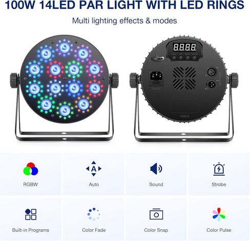 أضواء LED للمسرح: 100 وات قابلة للتعتيم ذات تأثير مزدوج 10 حلقات LED محاطة بـ 14 RGBW Par Can - التحكم عن بعد وDMX - لإضاءة حفلات DJ Party وحفلات الزفاف وحفلات النادي - قطعتان in Kuwait