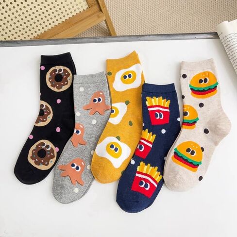 5 Pack Cartoon Food Print Socks - Assorted Fun Designs (French Fries, Hamburger, Donut) - Soft Polyester Mid-Calf Sock for Boys and Girls - All Year Comfort for Casual Wear, Cartoon Food Socks in Kuwait