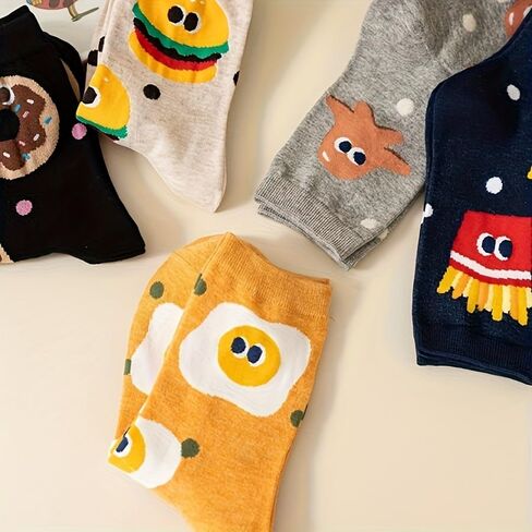 5 Pack Cartoon Food Print Socks - Assorted Fun Designs (French Fries, Hamburger, Donut) - Soft Polyester Mid-Calf Sock for Boys and Girls - All Year Comfort for Casual Wear, Cartoon Food Socks in Kuwait