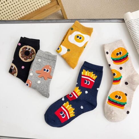 5 Pack Cartoon Food Print Socks - Assorted Fun Designs (French Fries, Hamburger, Donut) - Soft Polyester Mid-Calf Sock for Boys and Girls - All Year Comfort for Casual Wear, Cartoon Food Socks in Kuwait