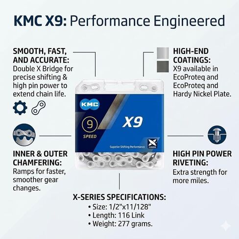 سلسلة دراجات KMC X9 ذات 9 سرعات من سلسلة X | متوافق مع Shimano وSRAM وCampagnolo وجميع الأنظمة الرئيسية in Kuwait