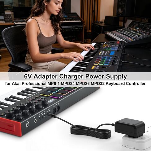 شاحن محول تيار متردد/تيار مستمر 6 فولت للوحة المفاتيح Akai MPK2 MPK25 MPK49 MPK61 MPK88 MPK249 MAX49، لـ Akai Professional MP6-1، MPD24 MPD26 MPD32 مزود سلك طاقة بديل مع قائمة UL in Kuwait