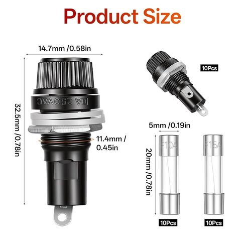 10 Pcs Black Screw Cap Fuse Holder, Fuses Tube Holder with 10A/15A Fast Blow Glass Fuse kit, Panel Mounted Fuse-Socket, Screw Cap Panel Mounted Fuse-Holders (5X20mm) in Kuwait