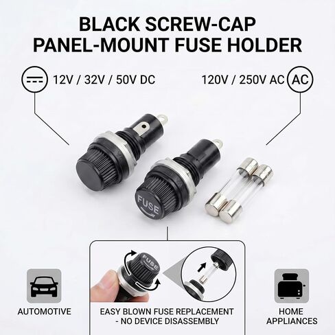 10 Pcs Black Screw Cap Fuse Holder, Fuses Tube Holder with 10A/15A Fast Blow Glass Fuse kit, Panel Mounted Fuse-Socket, Screw Cap Panel Mounted Fuse-Holders (5X20mm) in Kuwait