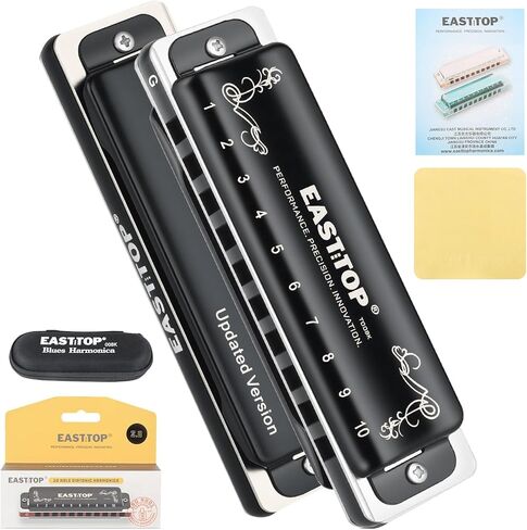 EAST TOP T008K 2.0 Update Harmonica Key of C, 10 Holes Diatonic Mouth Organ with Zipper Case,Standard Deluxe Blues Harmonica For All Levels,Professionals, Beginners and Students,as a Gift in Saudi Arabia