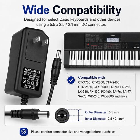 9V 1A AC Power Supply Charger Adapter Cord for Casio Digital Piano Keyboard CT-X700, CTK-2400,CTK-3500,LK-190,LK-265,PX-130,PX-160,SA-76,SA-77,WK-245,WK-7600 6.6 Ft Long Cord in Kuwait