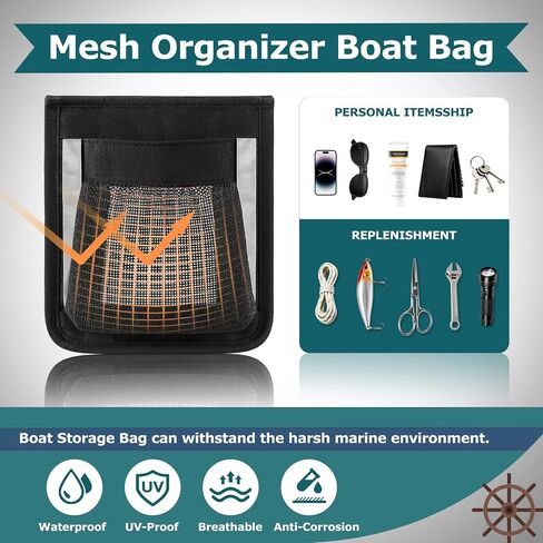 4 Pack Boat Storage Bags 6.5"x7.5" Self-adhesive Mesh Marine Organizer with Night Reflective Strips, Quick-dry Boat Accessories Storage Bag Cup Holder for Pontoon, Kayak, Rv, Fishing Boats in Kuwait