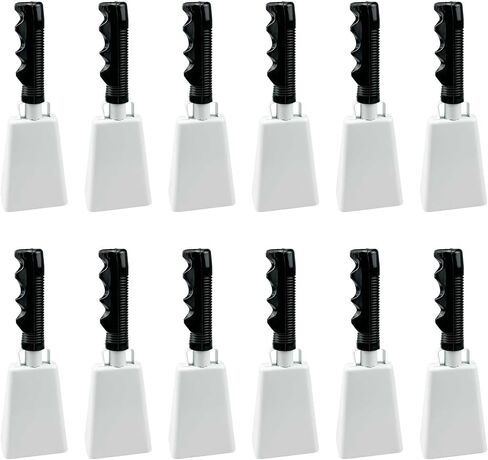 12-Pack Metal Cow Bells, Loud Noise Makers for Cheering, DIY Paintable Blank Cowbells with Handle for Sports Events, Party Favors (White) in Kuwait