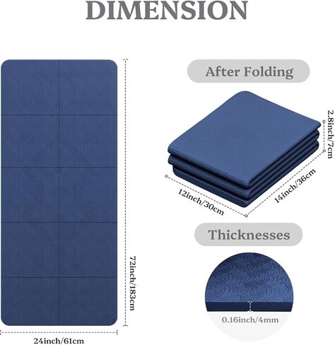Foldable Yoga Mat Non Slip, Pilates Fitness Mats, 72" x 24" Extra Width ＆ Thick, Anti-Tear Exercise Mat with Carrying Strap and Bag, Workout Mats for Stretching,Yoga Studio,Gym or Home Workouts in Kuwait
