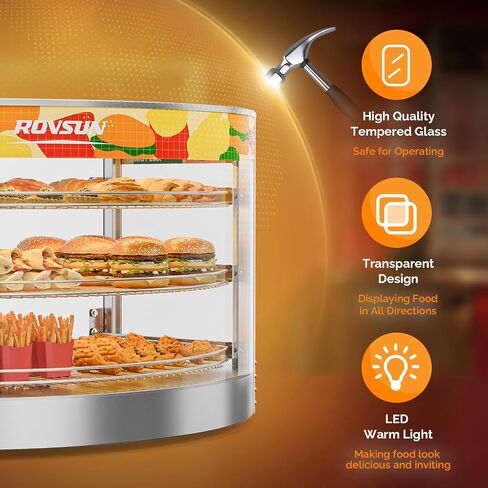 ROVSUN Food Warmer Pizza Warmer Countertop, 3-Tier Commerical Food Warmer Display with LED Lighting Removable Shelves Glass Door, Pretzel Warmer for Buffet Restaurant Cafe, 110V 800W in Kuwait