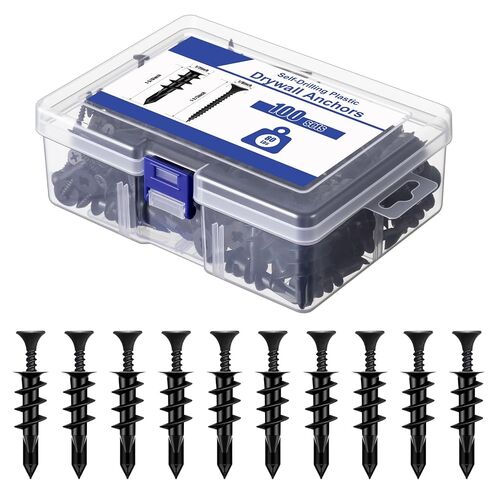 200 Pcs #8 Self Drilling Drywall Anchors and Screws Kit, 100 Anchors, 100 Screws with Organizer Box, Heavy Duty 80 LBS, No Drill Holes Required for Hanging TVs, Mirrors, Picture Frames, Shelves(Black) in Kuwait