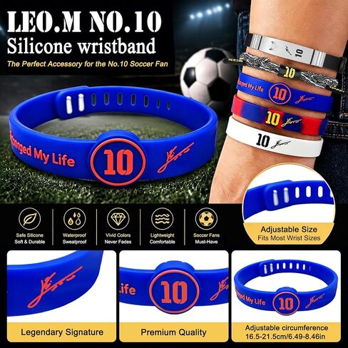 6 قطع من كأس العالم Leo.M رقم 10، مجموعة أساور رياضية لكرة القدم، رقم 10 من السيليكون والتيتانيوم الصلب سوار معصم قابل للتعديل، رقم 10 صندوق تخزين توقيع نجم كرة القدم مع بطاقة، هدايا لمحبي كرة القدم in Kuwait