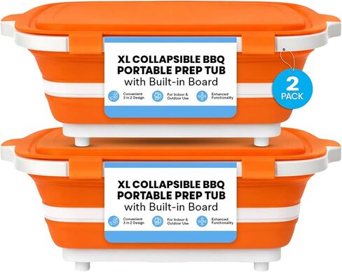 2-Pack XL Collapsible BBQ Prep Tub with Built-in Cutting Board, Lid & Strainer – Multipurpose Meal Prep Container for Outdoor Cooking, BBQ Parties, Kitchen & Travel Use (Orange) in Kuwait