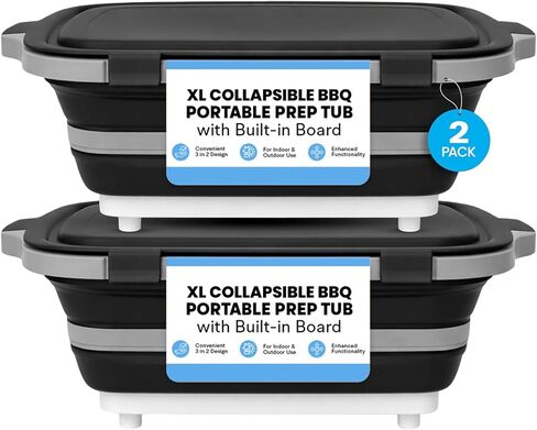2-Pack XL Collapsible BBQ Prep Tub with Built-in Cutting Board, Lid & Strainer – Multipurpose Meal Prep Container for Outdoor Cooking, BBQ Parties, Kitchen & Travel Use (Orange) in Kuwait
