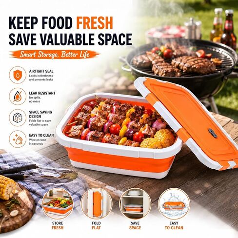 2-Pack XL Collapsible BBQ Prep Tub with Built-in Cutting Board, Lid & Strainer – Multipurpose Meal Prep Container for Outdoor Cooking, BBQ Parties, Kitchen & Travel Use (Orange) in Kuwait