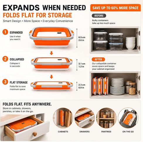2-Pack XL Collapsible BBQ Prep Tub with Built-in Cutting Board, Lid & Strainer – Multipurpose Meal Prep Container for Outdoor Cooking, BBQ Parties, Kitchen & Travel Use (Orange) in Kuwait