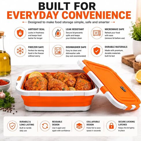 2-Pack XL Collapsible BBQ Prep Tub with Built-in Cutting Board, Lid & Strainer – Multipurpose Meal Prep Container for Outdoor Cooking, BBQ Parties, Kitchen & Travel Use (Orange) in Kuwait
