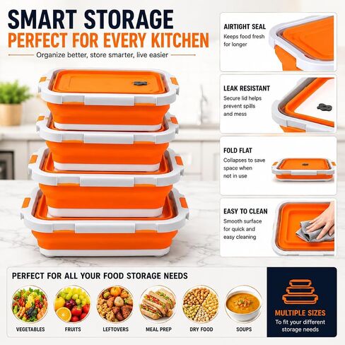 2-Pack XL Collapsible BBQ Prep Tub with Built-in Cutting Board, Lid & Strainer – Multipurpose Meal Prep Container for Outdoor Cooking, BBQ Parties, Kitchen & Travel Use (Orange) in Kuwait