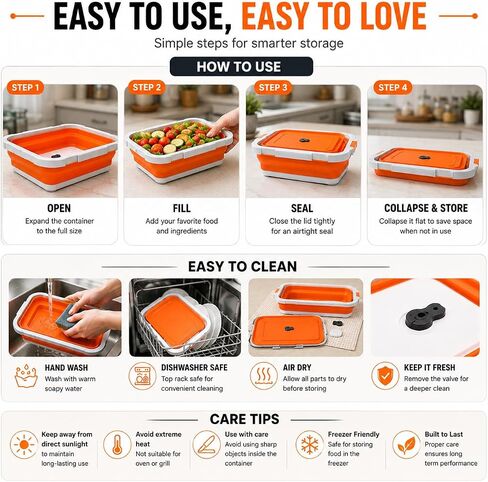 2-Pack XL Collapsible BBQ Prep Tub with Built-in Cutting Board, Lid & Strainer – Multipurpose Meal Prep Container for Outdoor Cooking, BBQ Parties, Kitchen & Travel Use (Orange) in Kuwait