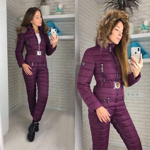 Women's one-Piece Trousers Plus Hooded Large Fur Collar Siamese Suit ski Suit Ladies Siamese E XL (C X) in Kuwait