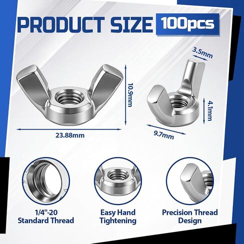 100 Pcs 1/4"-20 Wing Nuts 304 Stainless Steel Butterfly Nut Hardware Fasteners Hand Twist Screws for Machine DIY Furniture Automotive Industrial in Kuwait