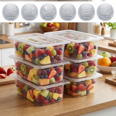 6 Pack Plastic Restaurant Containers with Lids, 1/3 Size 4 Inch Deep Commercial Food Storage Containers, Stackable Clear Food Pans for Kitchen, Restaurant, Cafeteria Foods Prep, 3.77qt/ 3.57L in Kuwait