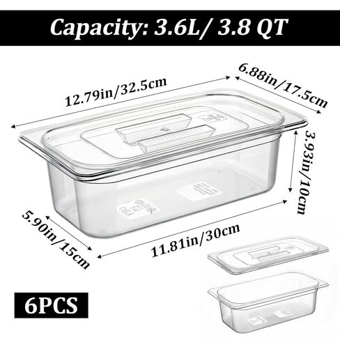 6 Pack Plastic Restaurant Containers with Lids, 1/3 Size 4 Inch Deep Commercial Food Storage Containers, Stackable Clear Food Pans for Kitchen, Restaurant, Cafeteria Foods Prep, 3.77qt/ 3.57L in Kuwait