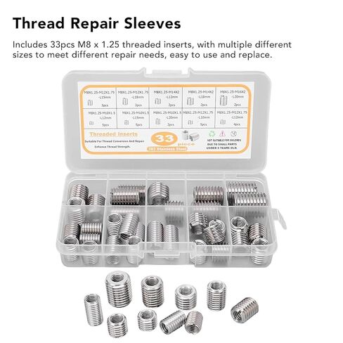 Thread Repair Insert,33PCS M8x1.25 Threaded Assortment Kit, Stainless Steel Inserts, Self Tapping Reducer Nut Sleeves for Wood Furniture Drawer Pulls with Hex Wrench in Kuwait