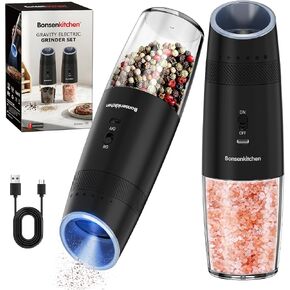 Bonsenkitchen Gravity Electric Salt and Pepper Grinder Set,Type-C Rechargeable Automatic Grinder With 6-Level Coarseness Adjustment, LED Light, 135ML Large Capacity for Kitchen, BBQ & Camping in Kuwait