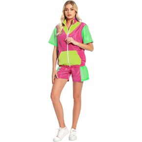 Unisex 2 Piece Color Block Tracksuit, Retro 80s 90s Short Sleeve Zip Up Jacket with Elastic Waist Shorts Set in Kuwait