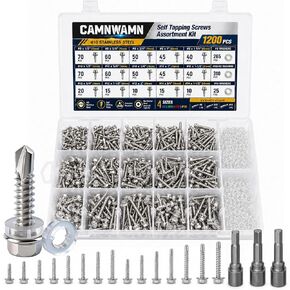 1200PCS #8#10#12#14 Self Drilling Screws Assortment Kit, 410 Stainless Steel Hex Washer Head Self Tapping Screws with Rubber Washers, 15 Sizes for Metal Wood Plastic, Silver in Kuwait
