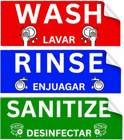 Wash Rinse Sanitize Sink Labels, Commercial Stickers for Triple Sink, Set of 3 Stickers, 7x3 Inches, 1 Set in Kuwait