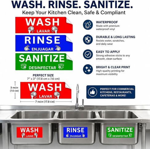Wash Rinse Sanitize Sink Labels, Commercial Stickers for Triple Sink, Set of 3 Stickers, 7x3 Inches, 1 Set in Kuwait
