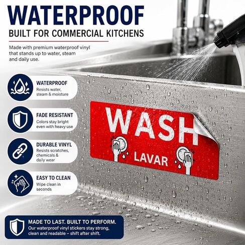 Wash Rinse Sanitize Sink Labels, Commercial Stickers for Triple Sink, Set of 3 Stickers, 7x3 Inches, 1 Set in Kuwait